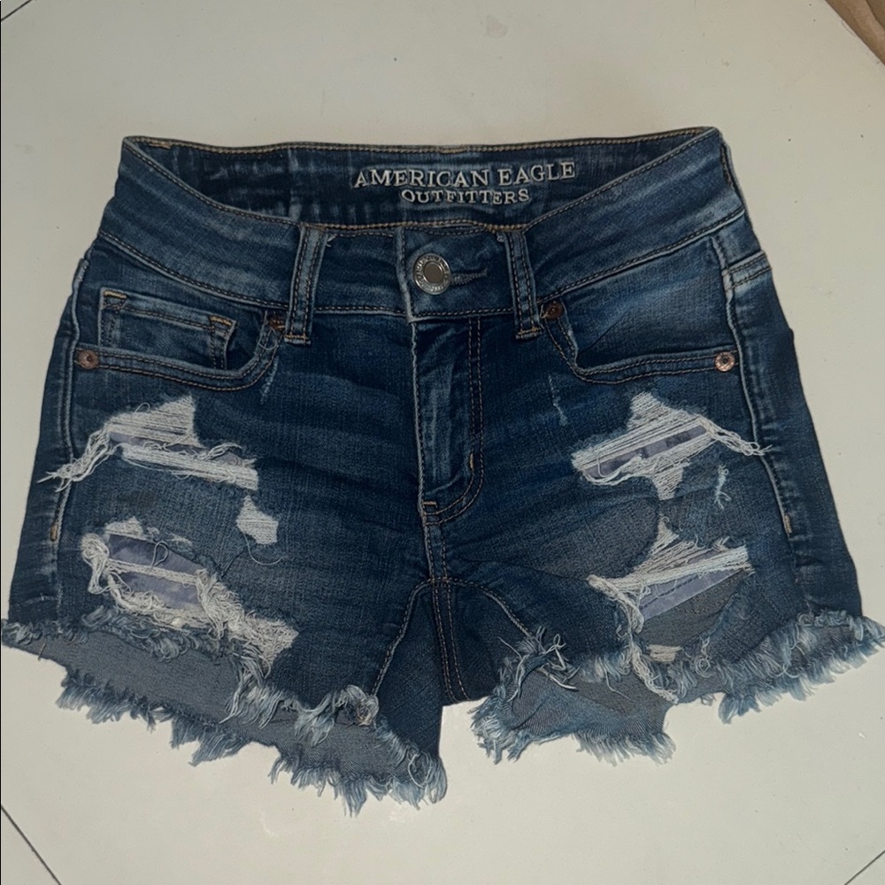 American Eagle Outfitters Dark Blue Ripped Jean Shorts